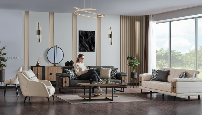 Sofá modular de 3+3+1 plazas, set completo de sala de estar, tela y madera, sofá y sillón.