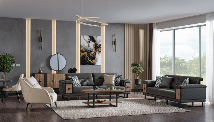 Sofá modular de 3+3+1 plazas, set completo de sala de estar, tela y madera, sofá y sillón.