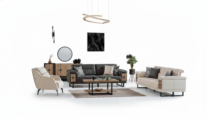 Sofá modular de 3+3+1 plazas, set completo de sala de estar, tela y madera, sofá y sillón.
