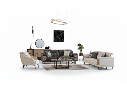 Sofá modular de 3+3+1 plazas, set completo de sala de estar, tela y madera, sofá y sillón.