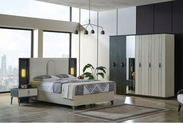Juego de dormitorio de lujo de 4 piezas. Cama, 2 mesitas de noche, armario. Beige.