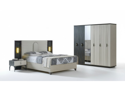 Juego de dormitorio de lujo de 4 piezas. Cama, 2 mesitas de noche, armario. Beige.