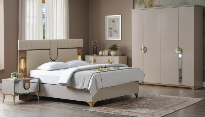 Juego de dormitorio de lujo Cama + 2 mesitas de noche en madera Nuevo y moderno.