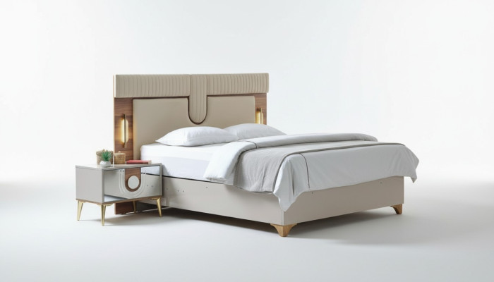 Juego de dormitorio de lujo Cama + 2 mesitas de noche en madera Nuevo y moderno.