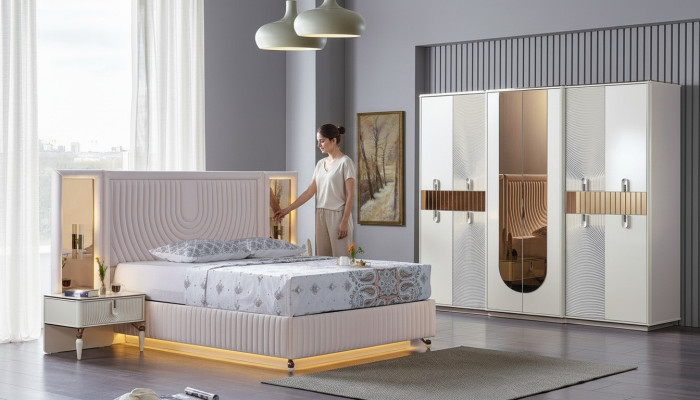 Conjunto de dormitorio de lujo cama 2 mesitas de noche armario madera completo moderno nuevo