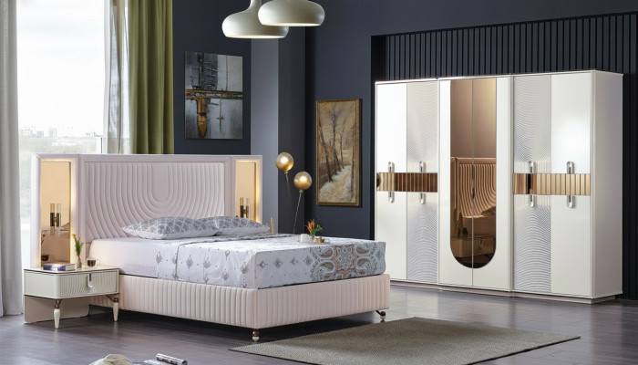 Conjunto de dormitorio de lujo cama 2 mesitas de noche armario madera completo moderno nuevo