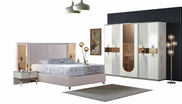 Conjunto de dormitorio de lujo cama 2 mesitas de noche armario madera completo moderno nuevo