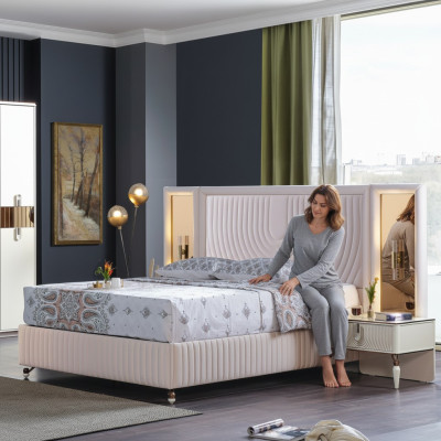 Conjunto de dormitorio de lujo cama + 2 mesitas de noche de madera modernas completas