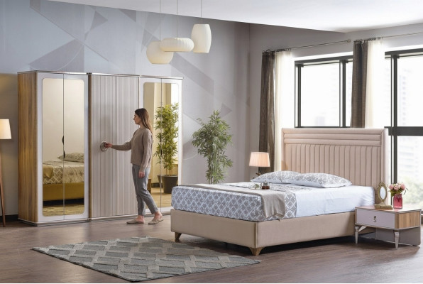 Juego moderno de dormitorio con cama, 2 mesitas de noche y armario nuevo de lujo.