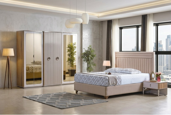 Juego moderno de dormitorio con cama, 2 mesitas de noche y armario nuevo de lujo.