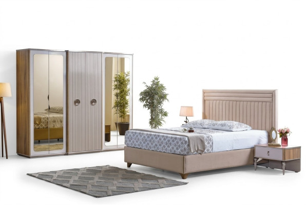 Juego moderno de dormitorio con cama, 2 mesitas de noche y armario nuevo de lujo.