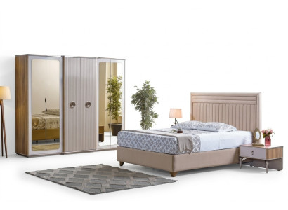 Juego moderno de dormitorio con cama, 2 mesitas de noche y armario nuevo de lujo.
