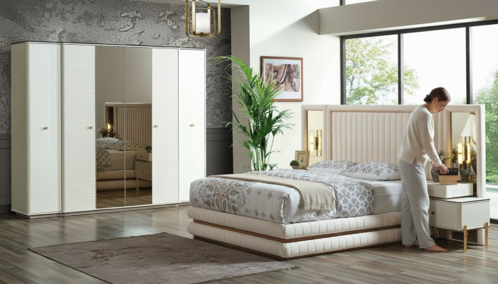 Juego de dormitorio con cama, 2 mesitas de noche, armario. Muebles de diseño de 4 piezas. Beige.