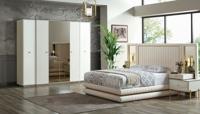 Juego de dormitorio con cama, 2 mesitas de noche, armario. Muebles de diseño de 4 piezas. Beige.