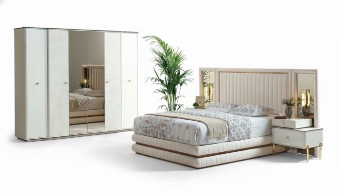Juego de dormitorio con cama, 2 mesitas de noche, armario. Muebles de diseño de 4 piezas. Beige.