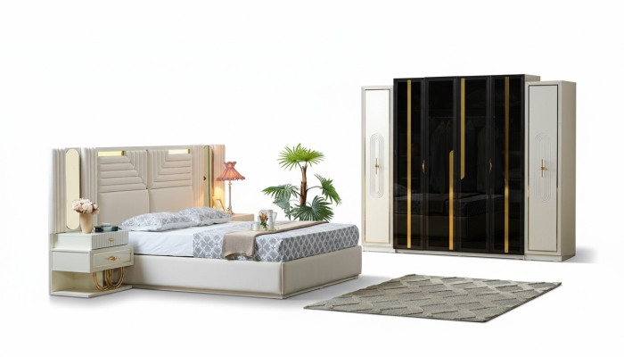 Conjunto de dormitorio moderno: cama + 2 mesitas de noche + armario de diseño mueble 4 piezas
