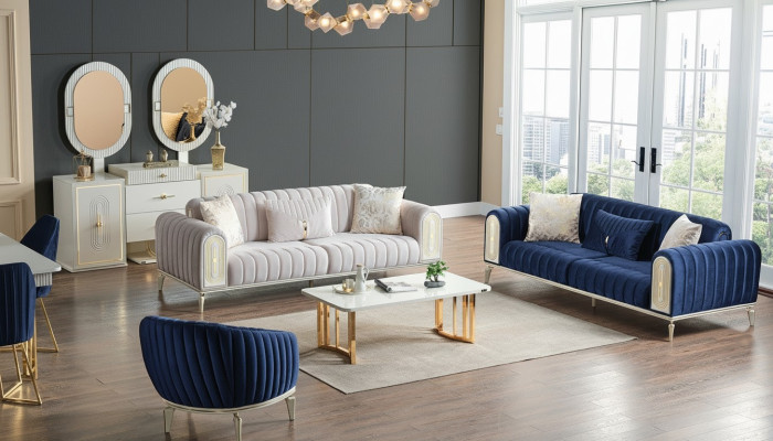 Sofá conjunto de 3+3+1 plazas, set de sala de estar completo en textil con sofá y sillón de madera azules.