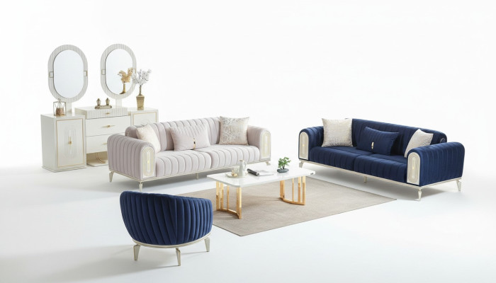 Sofá conjunto de 3+3+1 plazas, set de sala de estar completo en textil con sofá y sillón de madera azules.