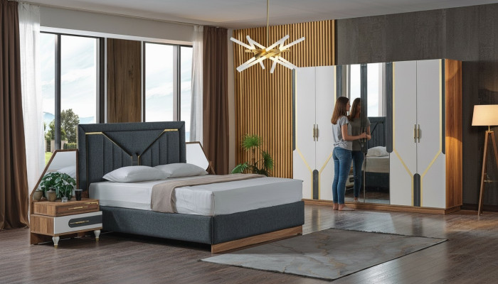 Dormitorio Set Cama + 2x Mesitas de Noche + Armario Ropero Diseño Muebles 4 pzs. Nuevo.