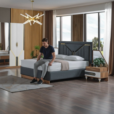 Juego de dormitorio de lujo cama + 2 mesitas de noche + armario de madera completo nuevo y moderno