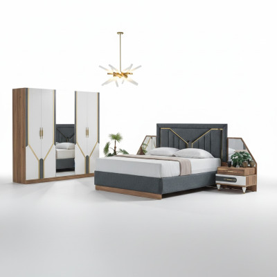 Juego de dormitorio de lujo cama + 2 mesitas de noche + armario de madera completo nuevo y moderno