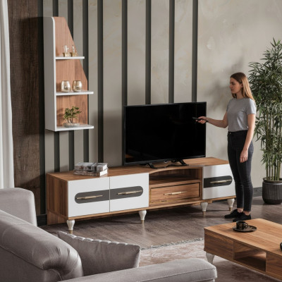 Mueble de televisión moderno y estante con cajones, bajo, soporte para televisión y armario.