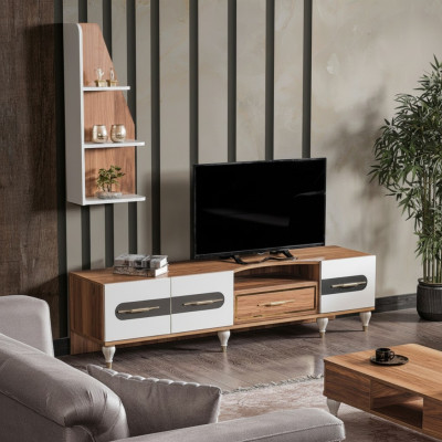 Mueble de televisión moderno y estante con cajones, bajo, soporte para televisión y armario.