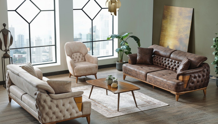 Conjunto de sofás 3+3+1 de madera Sala de estar Sofá de lujo Chesterfield Tela Nuevo Completo