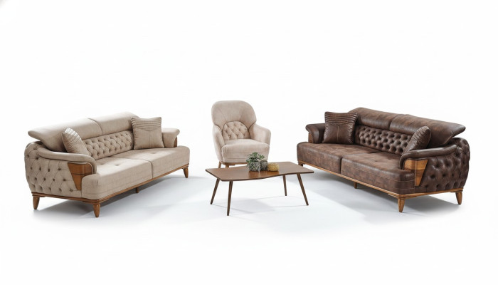 Conjunto de sofás 3+3+1 de madera Sala de estar Sofá de lujo Chesterfield Tela Nuevo Completo