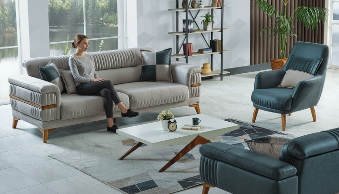 Sofá de 3 plazas + 1 de tela de madera, sofá de 3 plazas moderno, sillón completo conjunto nuevo.