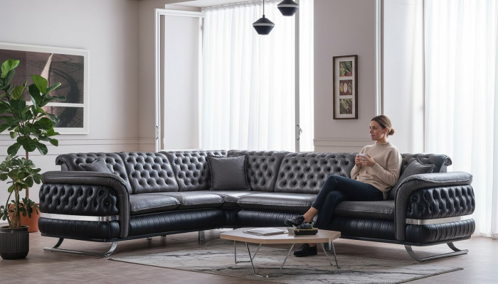 Sofá de esquina conjunto de sala de estar Color Negro Forma de U XXL Sofá Nuevo Chesterfield Nuevo