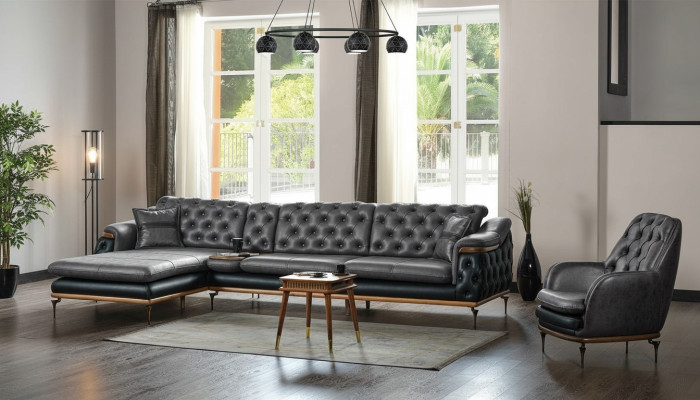 Juego de sala negro con sofá esquinero en forma de L y sillón moderno Chesterfield completo.