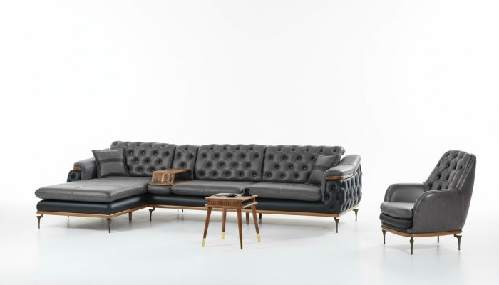 Juego de sala negro con sofá esquinero en forma de L y sillón moderno Chesterfield completo.