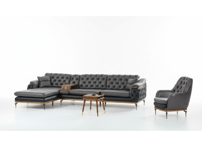 Juego de sala negro con sofá esquinero en forma de L y sillón moderno Chesterfield completo.