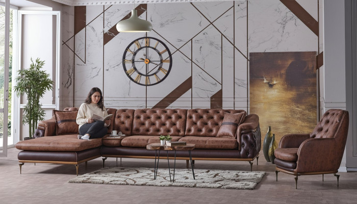 Sofá esquinero en forma de L, sillón marrón, juego de sala completo de 2 piezas. Lujo marrón.