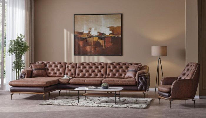 Sofá esquinero en forma de L, sillón marrón, juego de sala completo de 2 piezas. Lujo marrón.