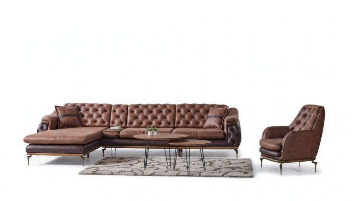 Sofá esquinero en forma de L, sillón marrón, juego de sala completo de 2 piezas. Lujo marrón.