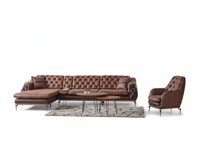 Sofá esquinero en forma de L, sillón marrón, juego de sala completo de 2 piezas. Lujo marrón.