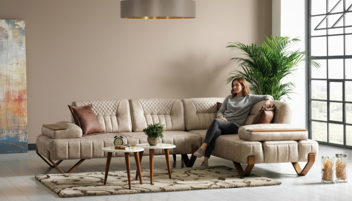 Sofá esquinero conjunto de salón color beige en forma de L, sofá nuevo, sofá esquinero de lujo para la sala de estar, nuevo.