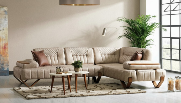 Sofá esquinero conjunto de salón color beige en forma de L, sofá nuevo, sofá esquinero de lujo para la sala de estar, nuevo.