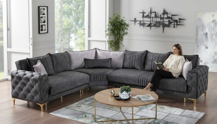 Sofá esquinero gris para sala de estar en forma de L moderno Chesterfield de lujo nuevo.