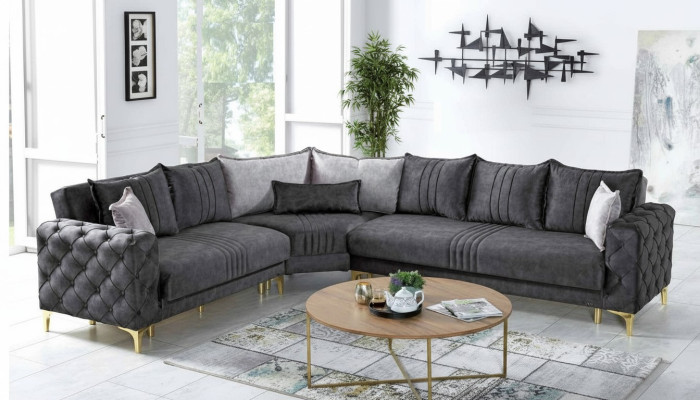 Sofá esquinero gris para sala de estar en forma de L moderno Chesterfield de lujo nuevo.