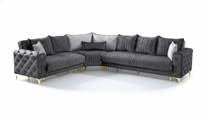 Sofá esquinero gris para sala de estar en forma de L moderno Chesterfield de lujo nuevo.