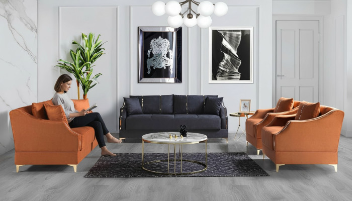 Juego de sofás 3+2+1+1 salón conjunto completo de tela sofá sillón madera nuevo
