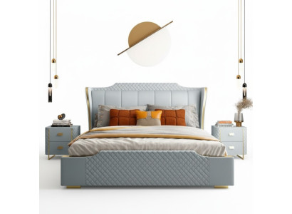 Cama de lujo con acolchado de diseño. Habitación doble de hotel. Cuero artificial.