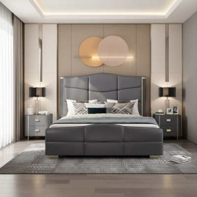 Diseño de cama doble. Muebles de lujo modernos para dormitorio de hotel. Marco de cama.