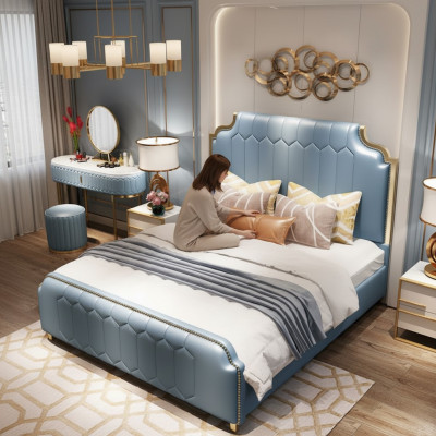 Cama doble moderna de madera azul estilo madera para dormitorio nuevo.