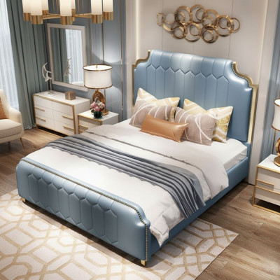Cama doble moderna de madera azul estilo madera para dormitorio nuevo.