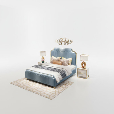 Cama doble moderna de madera azul estilo madera para dormitorio nuevo.