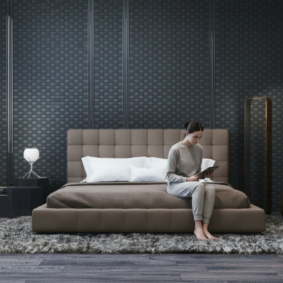Estructura moderna, cama de lujo, diseño de hotel, habitación gris, doble.